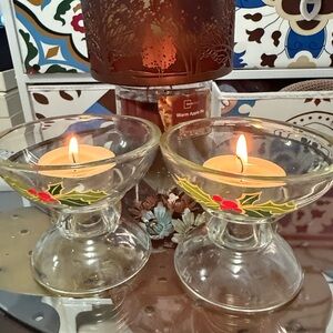 Holiday Glass Candle Holders with Holly Design